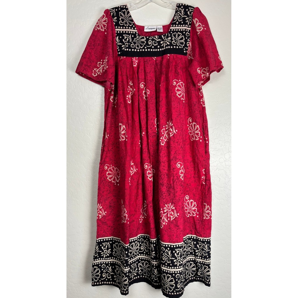 Loungees Red Black Floral Batik Muumuu Kaftan Maxi House Dress Pockets M 2495